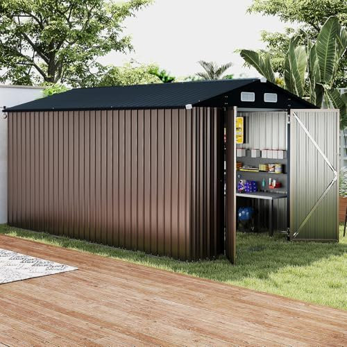 COSTWAY Abri de Jardin Métal 7.8 m², Toit Double Pente, Double Porte Verrouillable avec Clé, 4 Aérations, Cabane de Jardin Exterieur pour Vélo, Poubelle, Outil, Anthracite (7.8 m²)