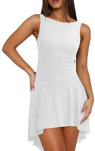 Sukiglam Robe Sexy Femme sans Manches Col Bateau Robes Courte d'Été Ourlet Asymétrique Mini Robe Moulante de Soirée Elegant Bodycon Swing Robes à Volants Curvy pour Clubbing Cocktail Fête