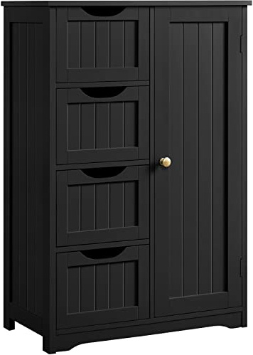 Yaheetech Bathroom Floor Cabinet, 4 Drawers & Door, Adjustable Shelf Black | E1-Compliant MDF & Metal Hardware, Adjustable Shelf & Water-Resistant Black Finish, For Bathroom Kitchen Hallway Living