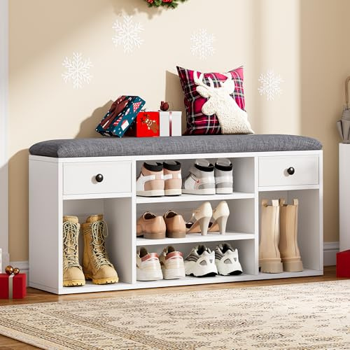 YITAHOME Banc à Chaussures, Banc de Rangement, avec 2 Tiroir et 5 Compartiments, Étagère à Chaussures, Siège Rembourré, Couloir, Entrée, Chambre, Peut contenir des Bottes, 30 x 105 x 50 cm, Blanc/Gris