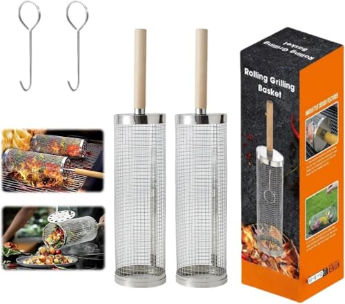 kimeo GrillMaster 2-delad grillkorg i rostfritt stål, med trähandtag, för grönsaker och fisk, praktiska tillbehör för utomhusgrillning, lätt att rengöra