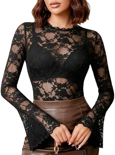Haut Dentelle Femme, Tenue Festival Femme,Haut en Dentelle Noir, Sexy Transparent Rave Top, Festival Outfit, Chic Tops à Manches Longues