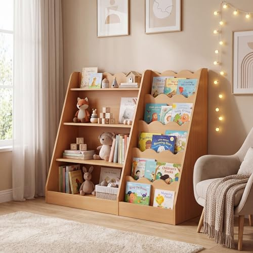 RELAX4LIFE Libreria Montessoriana per Bambini in Legno, Libreria Scaffale Portagiochi con 9 Scomparti Aperti, Organizer per Cameretta e Asilo Nido, 90x40x80,5 cm (Naturale)
