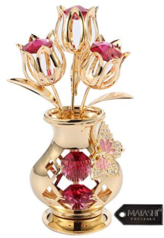 Matashi Crystal 24K Gold Plated Tulip Bouquet Flower Figurine in Vase