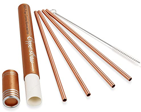 Copper Drinking Straws Gift Set- 8.5 inch Long Authentic Handcrafts Copper Straws with Cleaning Brush for Moscow Mule Mug (Set of 4)
