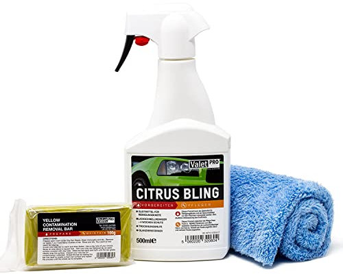detailmate Set zur professionellen Lackreinigung aus ValetPro Reinigungsknete gelber, medium 100g + Valet Pro Gleitmittel Citrus Bling Mikrofasertuch Ratgeber zur Nutzung