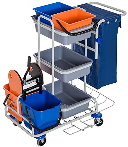 HOMCOM Carrello per Pulizie Professionale Multiuso con 4 Secchi Rotelle Borsa di Tela 118 × 73 × 103cm