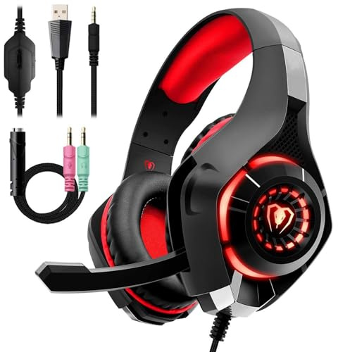 YONII Gaming Headset for PS4, Comfort Noise Reduction Crystal Clarity 3.5mm LED Professional Headphone with Mic for Xbox One PC Laptop Tablet Mac Smart Phone,red and black