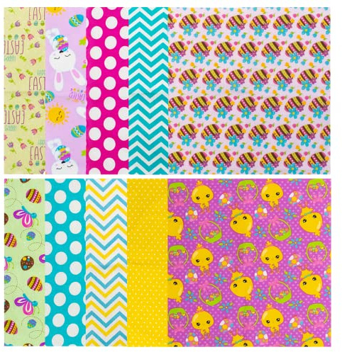 TRIXES Set di 10 Quadrati di Tessuto per Hobby Creativi – Pacchetto di Materiali – Fantasie assortite con pulcini, uova, fiori, conigli e Pasqua – 100% cotone – Quadrati da 25 cm x 25 cm