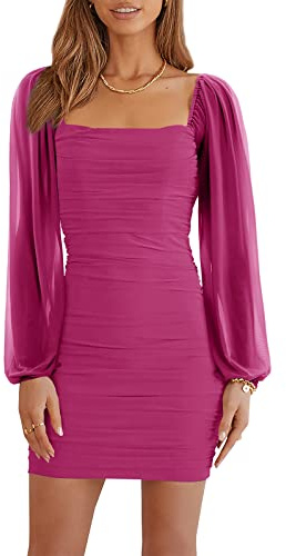 Wenrine Damen Kleider Party Cocktail Club Bodycon Kleid Hochzeitsgast Mesh Langarm Square Neck Minikleid Slim Fit(Rosarot,M)