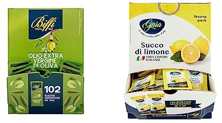 BiffiBiffi Olio Extra Vergine di Oliva monodose 102 bustine monoporzione da 10 ml & Gaia - Succo di Limone - 198 Bustine Monodose da 5Ml - 990 GrGaia