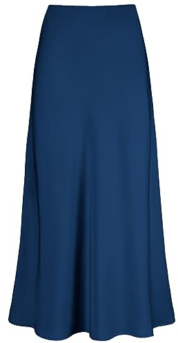 Outoshe Maxi gonne da Donna in Raso a Vita Alta con Elastico Nascosto in Vita Una Linea Gonna Lunga, Navy, S