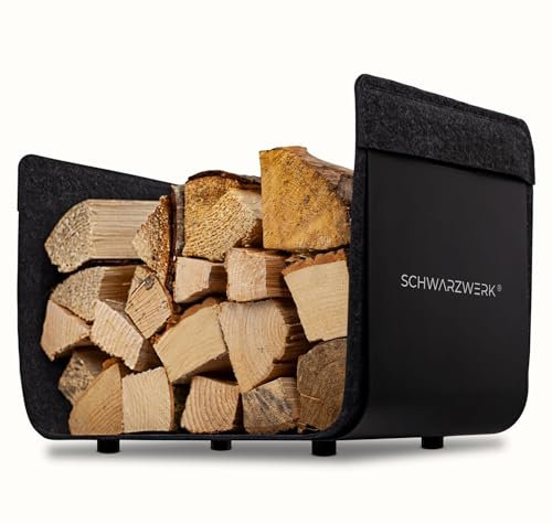 SCHWARZWERK® Kaminholzregal innen [herausnehmbare Filztasche] Metall schwarz | Kaminholzkorb Filz, Holzkorb für Kaminholz, Brennholzkorb, Holzaufbewahrung