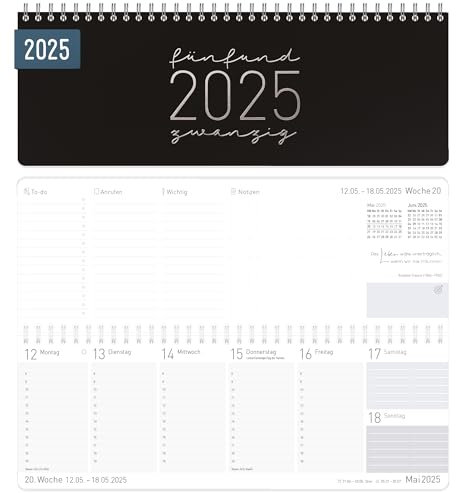 Häfft® Wochen-Tischkalender 2025 quer Black Edition 1 Woche 2 Seiten, Schreibtisch-Kalender mit Sprüchen, Wochenkalender 29,7 x 11,6 cm - nachhaltig & klimafreundlich