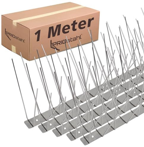 PRIOstahl Répulsif anti-pigeons avec plaque de base en acier inoxydable V2A - 4 rangées de pointes de 1 m (2 x 0,50 cm) - Protection contre les oiseaux - Pour balcon, toit, fenêtre - Résistant aux UV