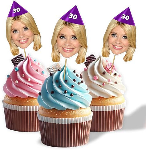 20 Personalised Face Photo Cupcake Topper Cake Decorations - Optional Hat Design - for Birthday Anniversary Stag Hen Party - includes all fixings 18th 21st 30th 40th 50th 60th 70th (20 Toppers)