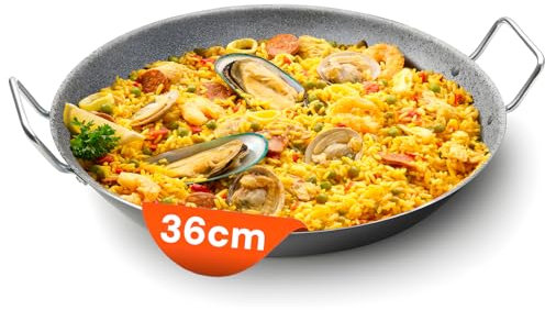 Avilia Padella per Paella in Alluminio con Manici in Metallo 36cm - Rivestimento Esterno Stone Grigio con Spessore di 2mm - Interno Antiaderente - Presa Ergonomica e Salda - Facile da Pulire