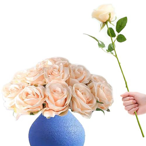 RHQFDM 12 Bundles Artificial Red Roses,51cm Long Stemmed Artificial Roses,Artificial Silk Flowers,Artificial Flowers Like Real,Fake Roses for Home,Garden and Wedding Decoration（Light Champagne）