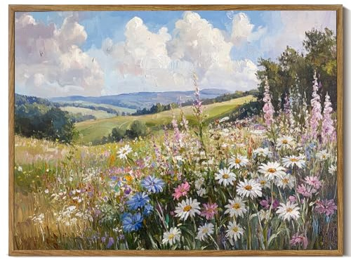 Framed Canvas Wall Art Prints Wildflower Oil Painting Aesthetic Room Decor Nature Rural Wilderness Landscape Poster Pictures Prints for Bathroom, Bedroom LivingRoom 8×10inch