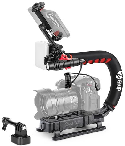 Zeadio Stabilizzatore per Fotocamera, Impugnatura Manuale con Luce LED per Video e Microfono, Adatto a Tutte le Videocamere, Fotocamere, DSLR, Action Cam e Tutti gli Smartphone