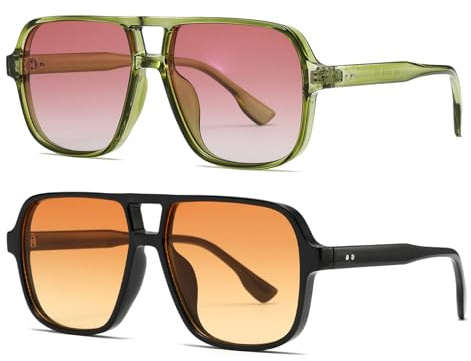 Long Keeper Retro Square Pilot Sunglasses for Women Men Oversize Retro Aviation Square Sunglasses Double Bridge Sun Glasses Vintage Shades UV400 (Green/Pink + Black/Orange)