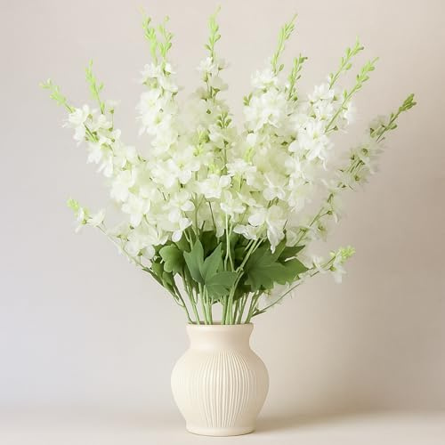 Thiccywoov 24 Pcs Delphinium Artificial Flower 35.4'' Long Larkspur Stem Silk Fake Faux Flowers Bulk for Tall Vase Floral Arrangements Home Centerpiece Table Wedding Decor (White)