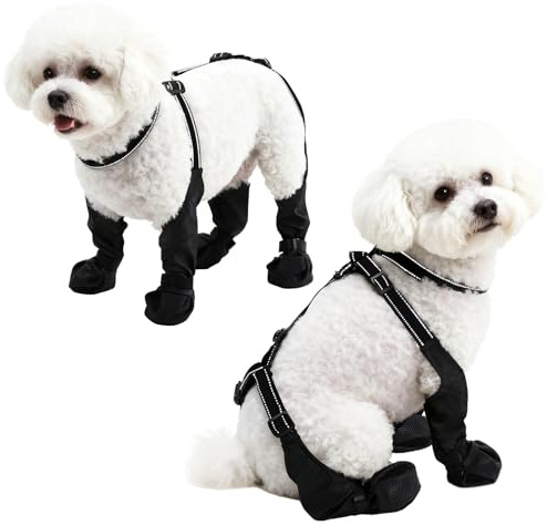 BECROWM Waterproof Dog Boots for Small/Medium Dogs -Dog Paw Protectors Dog Suspender Boots Anti-Slip Pet Shoes for Outdoor Walking, Reflective Stay-On,Dirt-Proof Comfortable Booties (Black, Medium)