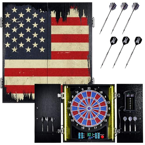 Electronic Dart Board, Electric Dartboard Cabinet Set for Adults [6 Soft Tip Darts] Individual Light Color for Each Player, Wooden Dartboard Cabinet for Family Game - US Flag