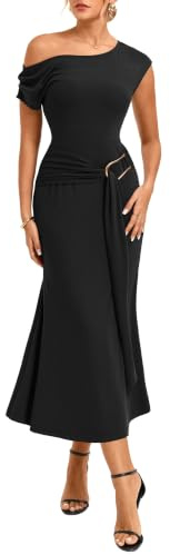 GRACE KARIN Womens Bodycon Maxi Party Dress with Asymmetric Cap Sleeves and Oblique Neck, Sash and Metal Decoration Black L