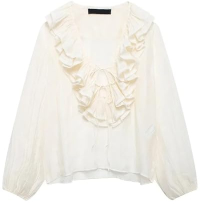 UJEDFHV volangblus för kvinnor volangblusar för kvinnor, halvtransparent, avslappnad blus, veckade sommarskjortor och långärmade toppar för att jämföra, Beige, L