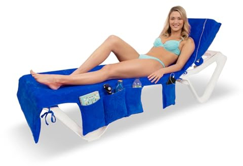 ITSA Velour Beach Towel with Pockets & Handles | 100% Cotton Foldable Sun Lounger Cover | Carry Bag | Secure Storage Beach Towel (Ocean Blue)
