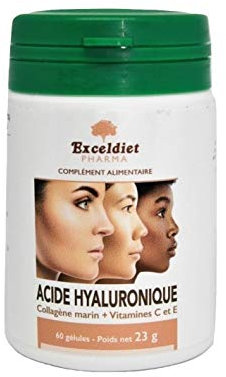 Acide Hyaluronique Collagène Marin & Vitamine C et E - Anti-rides - Anti-âge et Articulations & Hydratation Visage et Elasticité - 60 Gélules & Made in France by Exceldiet Pharma