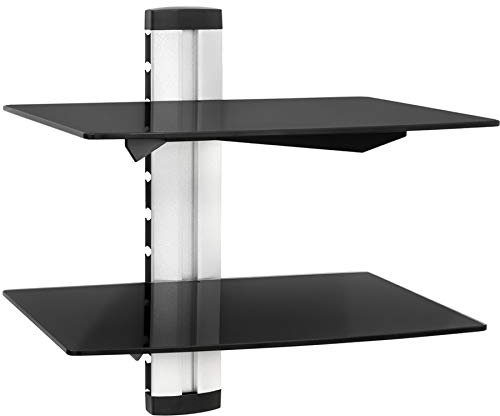 TecTake® Étagère Murale 2 Niveaux pour Lecteur DVD, Blu Ray, Console de Jeux, Etagere Murale en Verre, 45 x 42 x 33 cm, Étagère Rangement Accessoires Audio Vidéo Television, Réglable en Hauteur