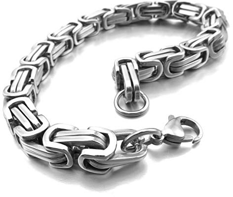 INBLUE 8mm Wide 316L Stainless Steel Bracelet Byzantine Link Chain Bracelet for Men Women Water Resistance (Color - Silver, Length - 8.0 Inch)