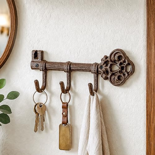 Garden Mile Cast Iron Key Holder Wall Mounted | Rustic Vintage Key Rack with 3 Hooks | Wall Hooks for Keys, Coats & Towels | Hallway Entryway Organiser | Heavy Duty Metal Hook Rail 22cm