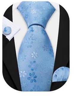 Barry.Wang Baby Blue Tie for Men Floral Silk Necktie Pocket Square Cufflinks Formal Wedding Party Business