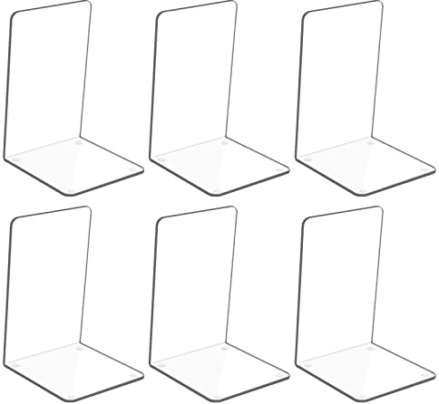 Adwikoso Clear Acrylic Book Ends, 6 Pcs Bookends for Shelves, Non-Slip Book Holder Stand, Decorative Book Stoppers for Heavy Duty Books Office Desktop Organizer