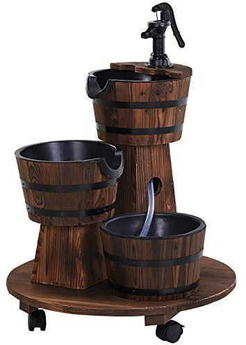 Outsunny Holzfass-Brunnen mit Wasserpumpe,Kaskadenbrunnen,ZImmerbrunnen,Rustikales Holz,Vintage-Stil,Einfach zu transportieren,Tannenholz,Verkohltes Holz,Maße 60 x 60 x 78 cm