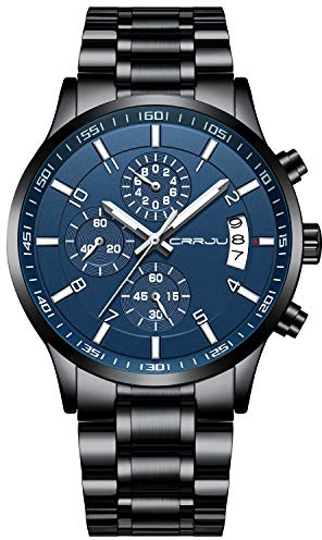 CRRJU Men's Watches Fashion Casual Quartz Analog Black Stainless Steel Waterproof Chronograph Wrist Watch for Men