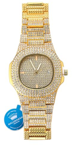 HALUKAKAH Montre en Or avec Diamants Iced Out,Homme Quartz Plaqué Or Véritable 18 Carats 9.5(24CM),Coffret Cadeau Gratuit
