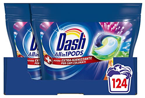 Dash Pods Detersivo Lavatrice In Capsule, 124 (2x62), Azione Igienizzante Per Capi Colorati, Pulito Per La Rimozione Di Sporco E Batteri, Efficace Anche a Bassa Temperatura