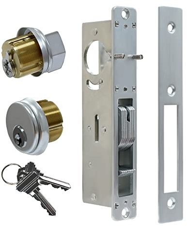 Storefront Door Lock， Aisecure Commercial Mortise Lock with Hook deadbolt and Cylinder Combo. Designed for Aluminum Shop Doors with 31/32 inch Backset. Silver