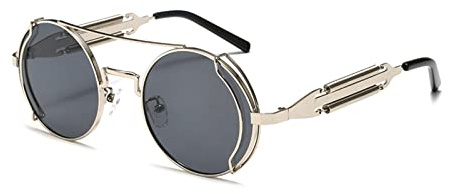 YAMEIZE Lunette de Soleil Ronde Rétro Vintage-Steampunk Homme avec Protection UV400 Double Pont Métal Lunettes Argent Cadre Gris