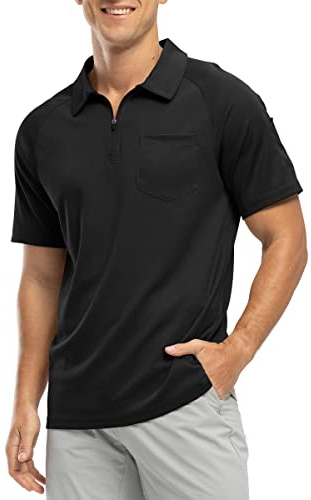 Rdruko Mens 1/4 Zip Short Sleeve Polo with Chest Pocket, Black L