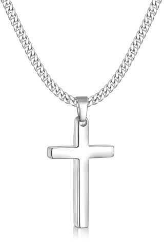 Fiusem Silver Tone Cross Necklace for Men, Mens Cross Necklaces with 3.5mm Chain and Stainless Steel Pendant Small, Cuban Chain 20 Inch