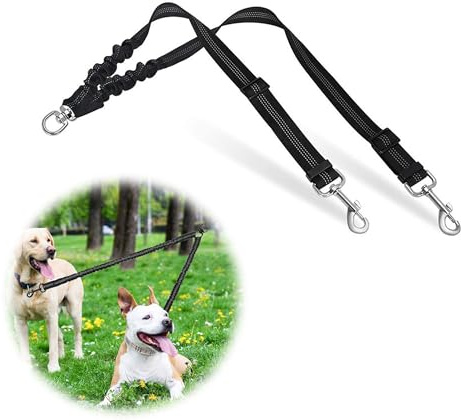 LZGOPE Double Dog Lead, Adjustable Shock Absorbing Bungee Cord, Dual Leash Coupler, 360° Swivel Tangle-Free, Reflective Leash Splitter for Daily Walking and Training of Medium to Large Dogs (Black)