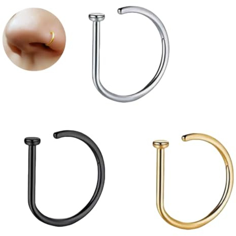 Anneau Piercing Nez 3 Pièces Faux Piercing Septum Aucun Piercing Requis Faux Piercing au Nez Anneau Cerceau en Acier Faux Piercing Nez Inoxydable Nez Cerceau Unisexe Nose Ring (Argent, Noir, Or)