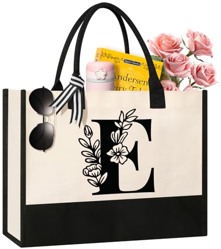 Personalized Initial Canvas Tote Bag, Cosmetic Bags, Suitable for Birthday, Wedding, Beach, Holiday, Great Birthday Gifts for Women, Mom, Teachers, Nurses, Best Friends, Bridesmaids (E)