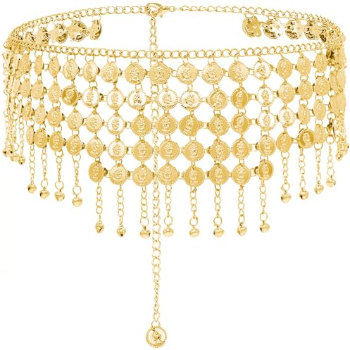 GORGECRAFT Cadena de Cintura con Colgante de Moneda de Oro Cadena con Borlas En Capas Cadena de Verano para Playa Danza Del Vientre Cinturón Accesorio de Joyería Corporal para Mujer Ropa Suéter Bikini