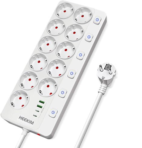 Regleta Enchufes USB, Regleta 4000W 16A con 11 Toma de Corriente y 2 USB-A y 2 USB-C Puertos, 6 Interruptores, Enchufe Multiple Cable de Extensión 2M para Hogar, Oficina, Escuela